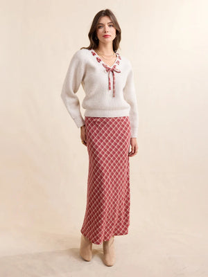 Sadie and Sage Hostess Plaid Lace Trim Sweater
