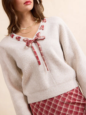 Sadie and Sage Hostess Plaid Lace Trim Sweater