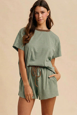 ANNIEWEAR Women's Set OLIVE/BROWN / S Loose Fit Striped Knit Top & Mini Shorts Set 9278SOB