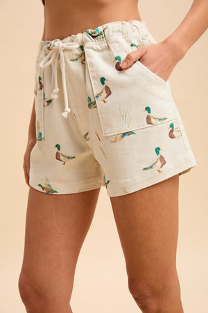 ANNIEWEAR Women's Shorts Mallard Duck Print Drawstring Relaxed Fit Shorts