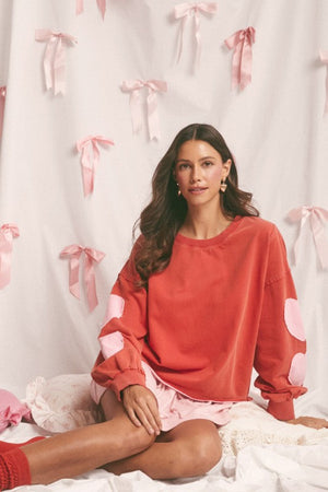 ANNIEWEAR Women's Sweaters Valentine Heart Patch French Terry Sweatshirt