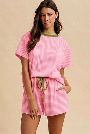 ANNIEWEAR Women's Top CANDYPINK/MATCHA / S Loose Fit Striped Knit Top & Mini Shorts Set 9278CP