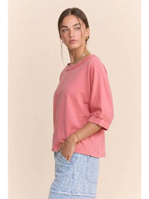 Raw Edge Boat Neck Puff Sleeve Knit Top