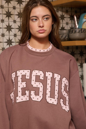 BUCKET LIST Women's Sweatshirt Jesus Heart Applique Varsity Crew-neck Sweatshirt