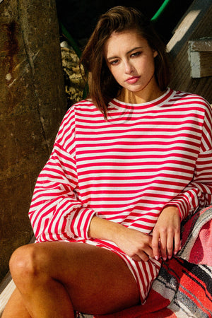 BUCKET LIST Women's Top Oversized Semi Crop Striped T-shirt Top