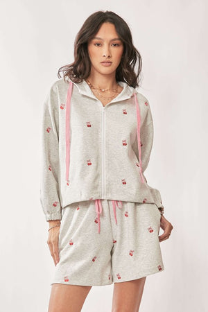 DAVI & DANI Women's Loungewear Ribbon Heart Embroidery Zip Up Hoodie Set || David's Clothing