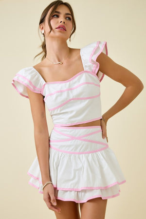 DAY + MOON Women's Top Crop Top W/ Ruffle Sleeves & Contrast Bindings