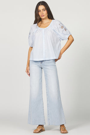 DEAR JOHN DENIM Women's Top Dear John Emiline Puff Sleeve Button-Up Laser Cut Embroidery || David's Clothing