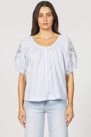 DEAR JOHN DENIM Women's Top SKY BLUE / XS Dear John Emiline Puff Sleeve Button-Up Laser Cut Embroidery || David's Clothing DSH1459M9SKW