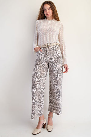 EASEL Women's Pants Washed Animal Print Twill Pants