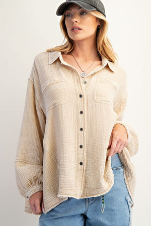 EASEL Women's Top Button Down Washed Cotton Gauze Shirt || David's Clothing