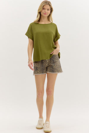 ENTRO INC 22-Women's Woven Top 7-SS/CUFF CREW NECK