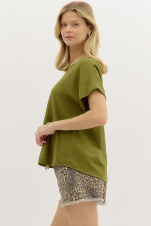 ENTRO INC 22-Women's Woven Top 7-SS/CUFF CREW NECK