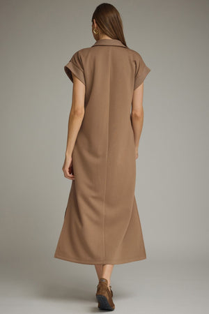 ENTRO INC Women's Dress Solid Collared Short Sleeve Midi Dress