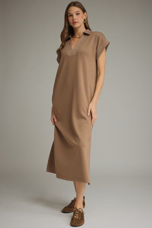 ENTRO INC Women's Dress Solid Collared Short Sleeve Midi Dress