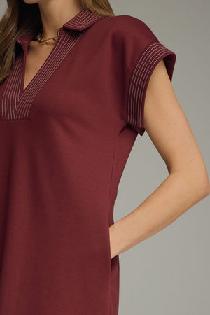 ENTRO INC Women's Dress Solid Collared Short Sleeve Midi Dress