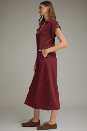 ENTRO INC Women's Dress Solid Collared Short Sleeve Midi Dress