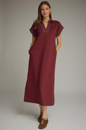 ENTRO INC Women's Dress WINE / S Solid Collared Short Sleeve Midi Dress D31769