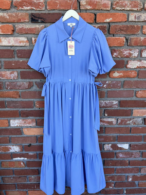 ENTRO INC Women's Dresses CHAMBRAY / S Shirt Collar Button Closure Short Bubble Sleeve Midi Dress D26615