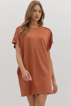 ENTRO INC Women's Dresses CLAY / S Gold Button Short Sleeve Mini Dress || David's Clothing D28005