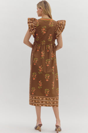 ENTRO INC Women's Dresses Floral Print Framed Flutter Sleeve Midi Dress