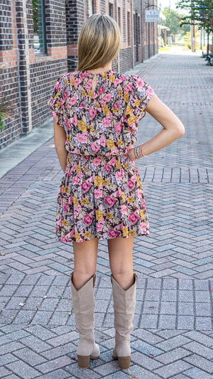 ENTRO INC Women's Dresses Floral Print Mock Neck Short Sleeve Mini Dress || David's Clothing