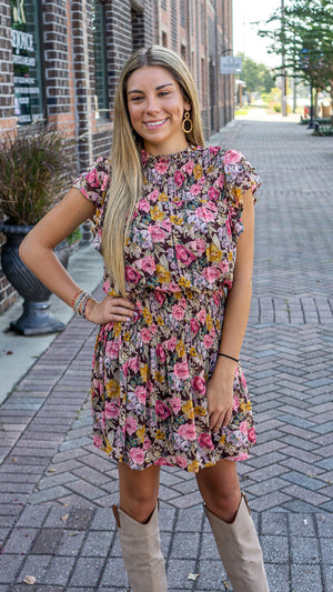 ENTRO INC Women's Dresses Floral Print Mock Neck Short Sleeve Mini Dress || David's Clothing