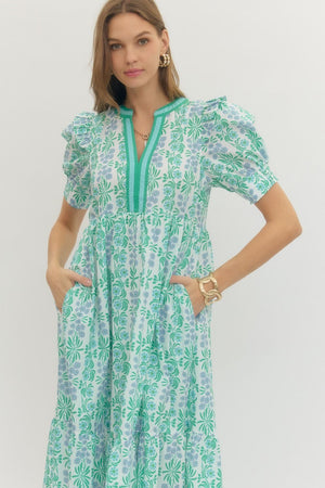 ENTRO INC Women's Dresses Floral Print Puff Sleeve Midi Dress