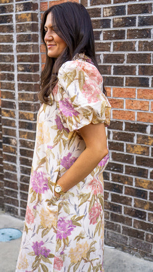 ENTRO INC Women's Dresses Floral Print Ruffled Neck Short Puff Sleeve Midi Dress