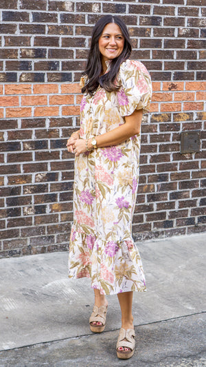 ENTRO INC Women's Dresses Floral Print Ruffled Neck Short Puff Sleeve Midi Dress