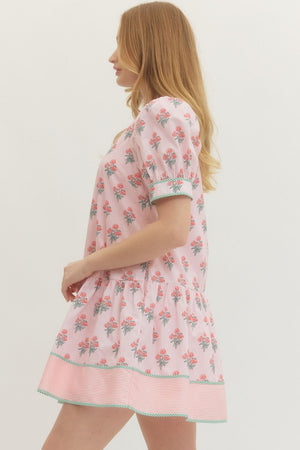 ENTRO INC Women's Dresses Floral Print Short Puff Sleeve Mini Dress