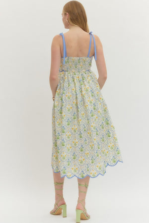 ENTRO INC Women's Dresses Floral Scallop Accent Trim And Tie Shoulder Straps Midi Dress