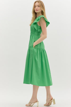 ENTRO INC Women's Dresses Flutter Sleeve Split V-Neck Pullover Tiered Midi Dress