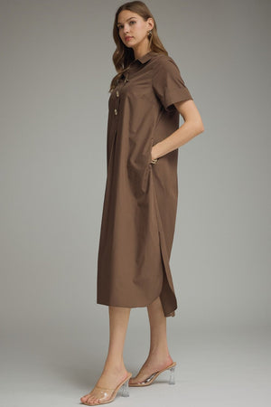 ENTRO INC Women's Dresses Gold Button Solid Short Sleeve Midi Dress