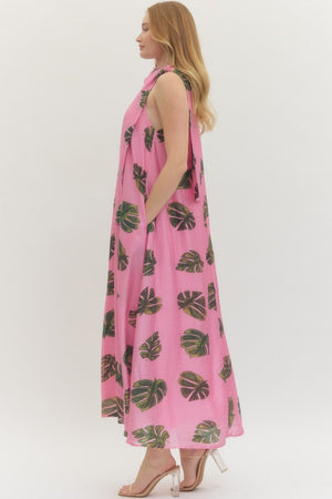 ENTRO INC Women's Dresses Leaf Print Halter Neck Maxi Dress