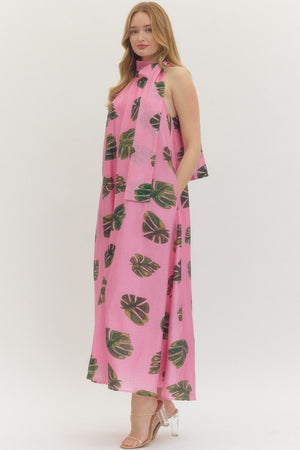 ENTRO INC Women's Dresses Leaf Print Halter Neck Maxi Dress
