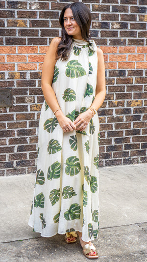 ENTRO INC Women's Dresses Leaf Print Halter Neck Maxi Dress