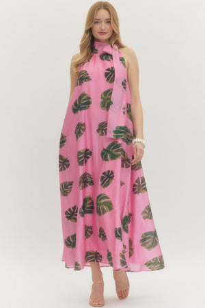 ENTRO INC Women's Dresses PINK / S Leaf Print Halter Neck Maxi Dress D29682