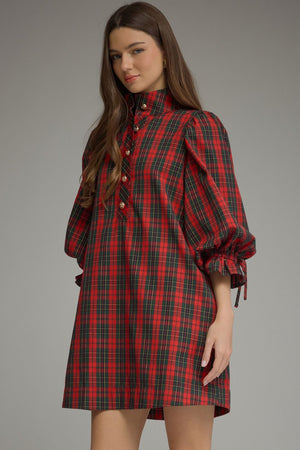 ENTRO INC Women's Dresses Plaid ¾ Balloon Sleeve Mini Dress
