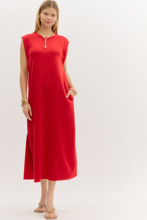 ENTRO INC Women's Dresses RED / S Solid Jersey Knit Pullover Midi Dress || David's Clothing D27101