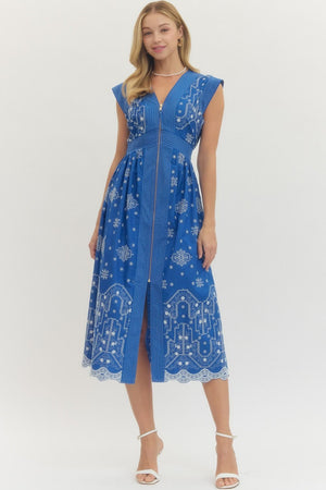 ENTRO INC Women's Dresses S / BLUE Embroidered Cap Sleeve Midi Dress D28905