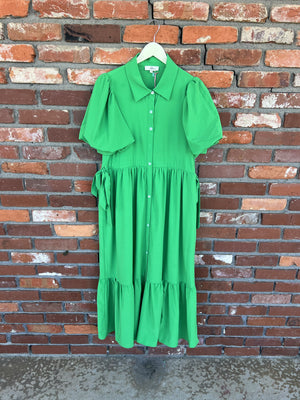 ENTRO INC Women's Dresses Shirt Collar Button Closure Short Bubble Sleeve Midi Dress