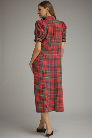 ENTRO INC Women's Dresses Tartan Plaid Short Puff Sleeve Midi Dress