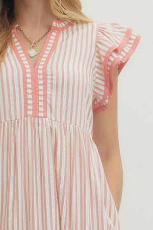 ENTRO INC Women's Dresses Textured stripe pattern tiered ruffle flutter sleeve