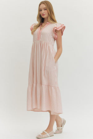 ENTRO INC Women's Dresses Textured stripe pattern tiered ruffle flutter sleeve