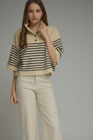 ENTRO INC Women's Sweater ECRU / S Stripe Short Sleeve Knit Top T32357