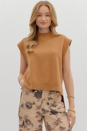 ENTRO INC Women's Sweaters CAMEL / S Knit Mock Neck Muscle Tee Sweater Top T27858