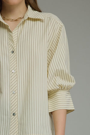 ENTRO INC Women's Top Bunched Sleeve Striped Button Down Top