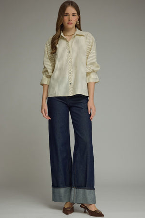 ENTRO INC Women's Top Bunched Sleeve Striped Button Down Top