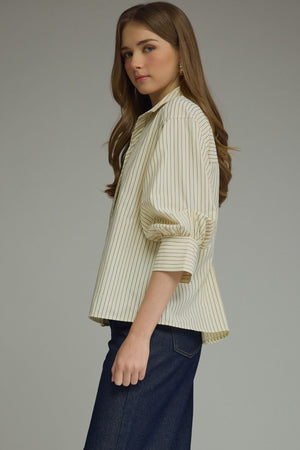 ENTRO INC Women's Top Bunched Sleeve Striped Button Down Top